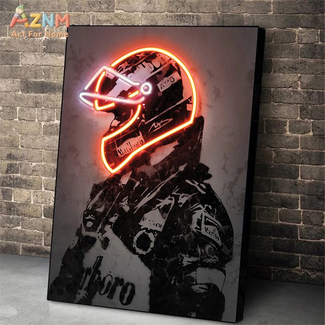 Modernes Neon-Druck Poster Hamilton Rennwagen Helm als Leinwandbild für deine Wanddekoration in Multicolour - Bild 1
