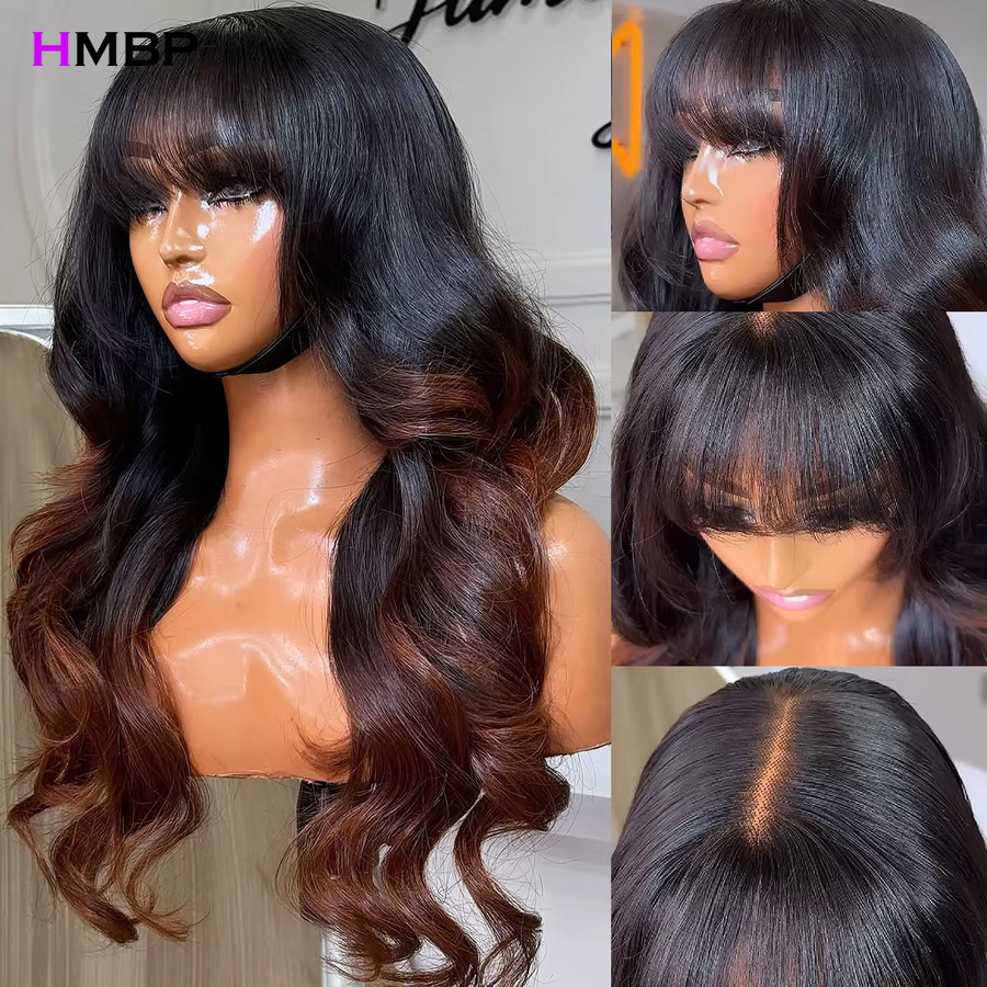 HMBP Body Wave Echthaarperücke mit Pony, Ombre Blonde, 13x6 HD Lace Frontal - Bild 2