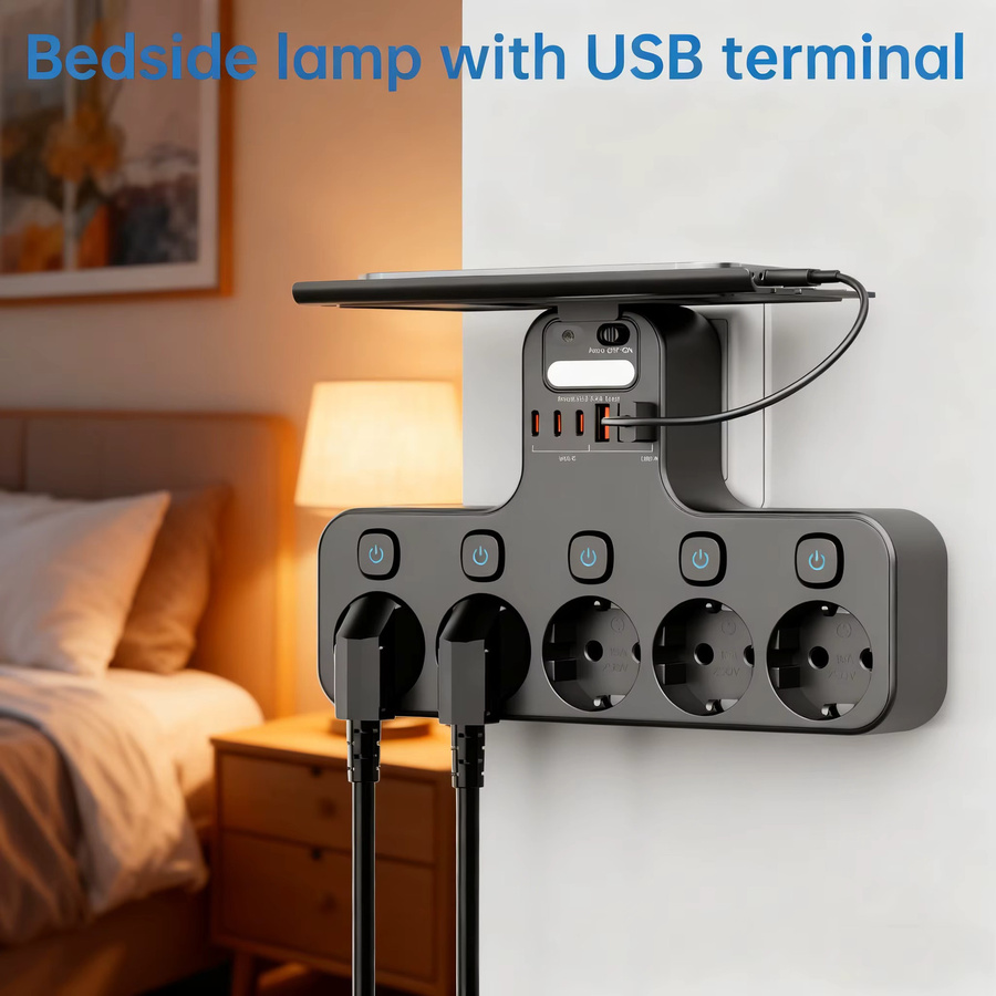 Multifunktions-Steckdosenleiste in Schwarz mit 4000 W, Wandmontage, unabhängigen Schaltern, Sensor-Nachtlicht sowie 3 USB-C und 3 USB-A Ladeanschlüssen - Bild 4