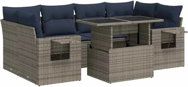 vidaXL 7-teilige Garten-Sofagarnitur aus Poly-Rattan mit Kissen in Grau und Marineblau - Bild 1