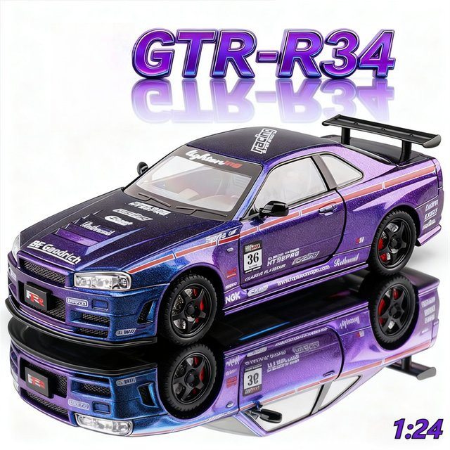 MINI AUTO GTR R34 Sportwagen Modell, 1:24, Metall, mit Licht und Sound - Bild 1