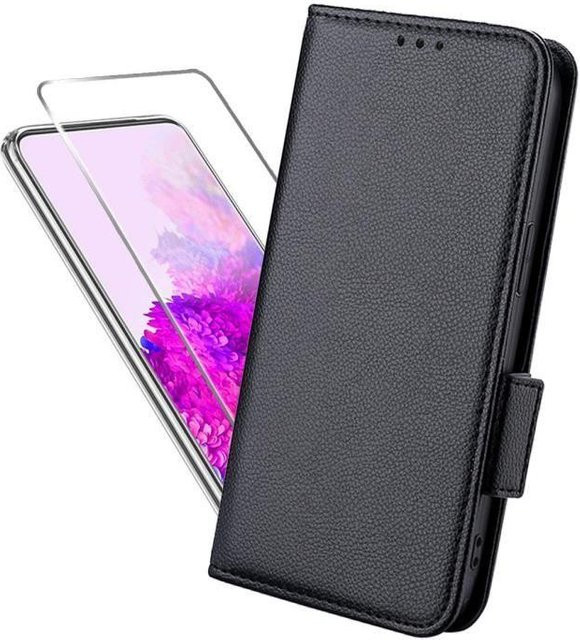 HJLZW Handyhülle aus PU-Leder mit gehärtetem Glas für Samsung Galaxy S20 4G und 5G, Schwarz mit Litschi-Streifen, Portemonnaie-Etui - Bild 1