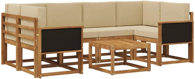 vidaXL Outdoor-Sofagarnitur L-Form aus Akazienholz mit 5 Kissen in Natur-Beige - Bild 1