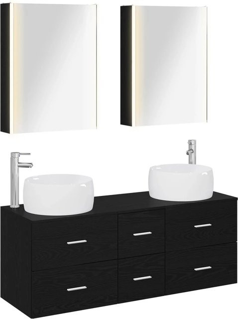 vidaXL Badezimmermöbel-Set aus Schwarzer Eiche und Glas, 5-teilig mit Waschtischunterschrank, Spiegelschrank und LED-Beleuchtung, Schwarz Matt - Bild 1