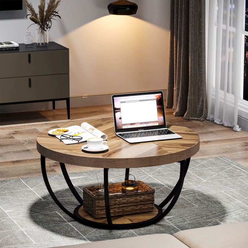 Tribesigns runder Couchtisch im industriellen Design mit 2 Ablageflächen aus Holz, braun - Bild 3