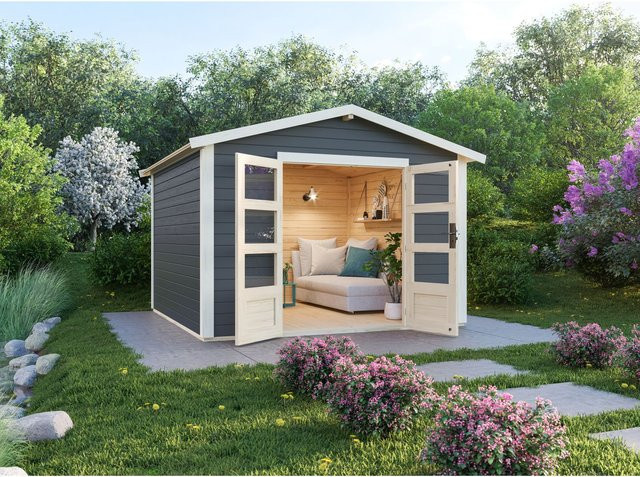 KARIBU Carlos Satteldach Gartenhaus aus Fichtenholz inklusive Boden und Schindeln, terragrau, B: 304 cm, H: 238 cm, T: 304 cm - Bild 1