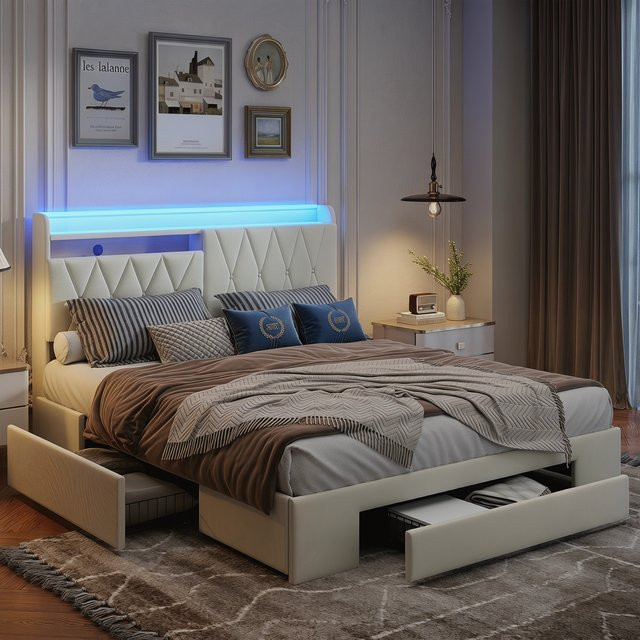 Superaly Polsterbett mit LED-Beleuchtung, 3 Schubladen und USB-Ladefunktion, Samt, Beige, B/T: 140 x 200 cm - Bild 1