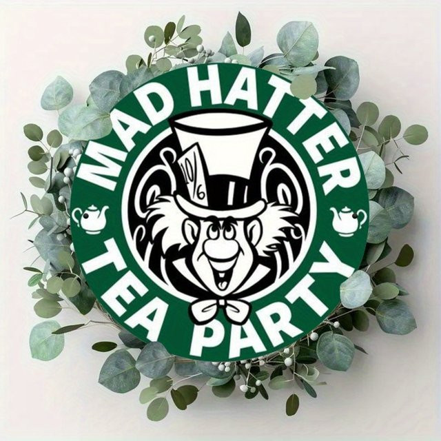 Mad Hatter Tea Party Metallblechschild von Potdemiel, rundes Wandkunst-Schild in Grün und Weiß, Durchmesser: 20 cm - Bild 1