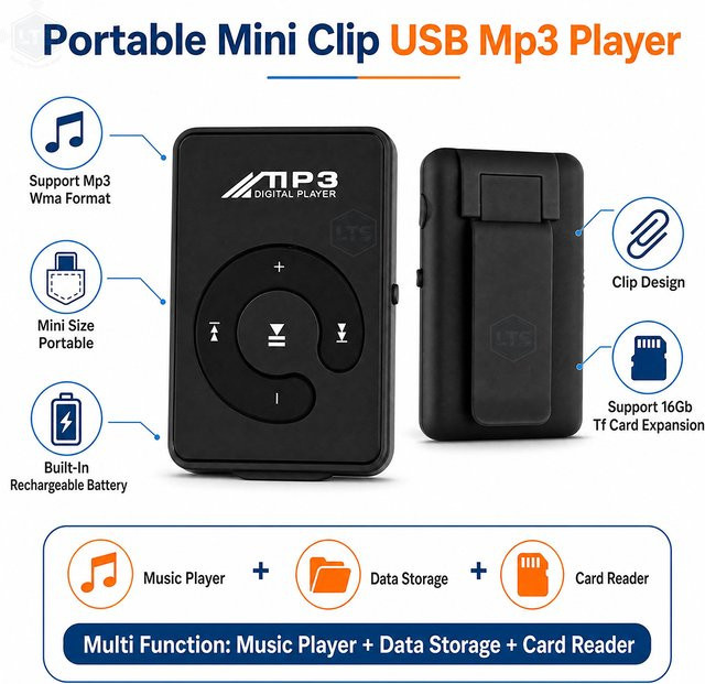 occkic Tragbarer Mini-Clip-MP3-Player in Schwarz mit HiFi-Sound und SD-TF-Kartenunterstützung für Outdoor-Sport - Bild 1