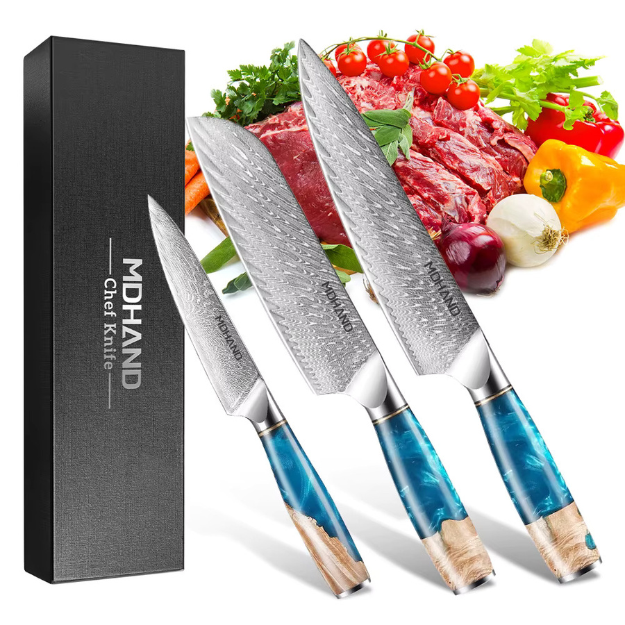 MDHAND 3-teiliges Küchenmesser-Set aus Edelstahl mit Kunstharzgriff in Blau inklusive Santoku-Messer und Obstmesser - Bild 2