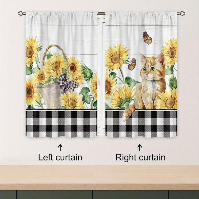 2er-Set Küchenvorhang von Household supplies MH mit Sonnenblumen, Katze und Schmetterlingen im Landhausstil, mehrfarbig, B: 70 cm, H: 107 cm - Bild 1