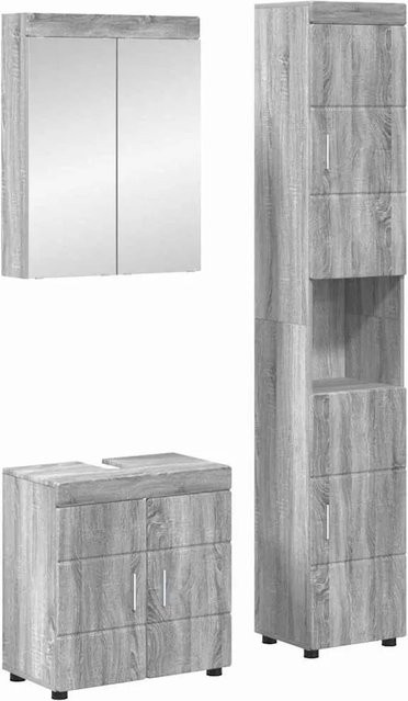 vidaXL Badezimmermöbel-Set TULUM in Grau, bestehend aus Waschtischunterschrank, Spiegelschrank mit LED-Beleuchtung und Hochschrank, modernes Design aus Holzwerkstoff, B/T/H: 60,0 x 34,0 x 60,5 cm und 60,0 x 34,0 x 203,0 cm - Bild 1