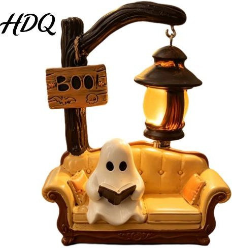 Halloween Geist Buchleser Ornament Lampe aus Harz mit LED Nachtlicht in Braun und Gelb als gruselige Tischdeko für Schlafzimmer und Regal - Bild 1