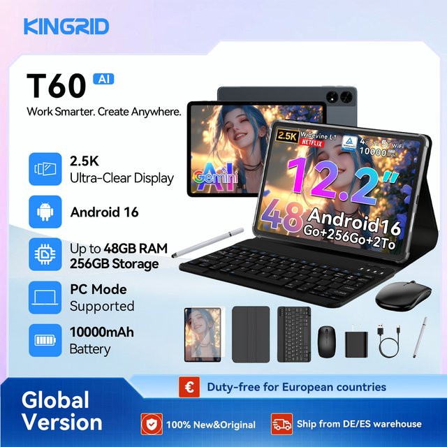 KINGRID T60 Android 16 Tablet-PC mit 12,2 Zoll 2,5K-Display, 24GB RAM, 256GB ROM, Octa-Core T7280 Prozessor, 10000mAh Akku und 4G LTE Dual SIM inklusive Tastatur-Maus-Hülle und PC-Modus - Bild 1