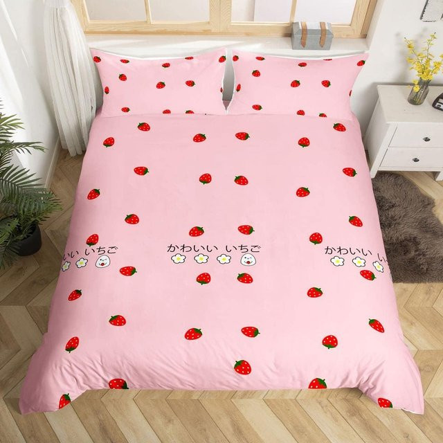 Binchi Fitness Bettwäsche-Set Erdbeere mit Reißverschluss, 3-teiliges Kinderbettwäsche-Set aus Mikrofaser in Rot und Pink, B/H: 135 x 200 cm - Bild 1