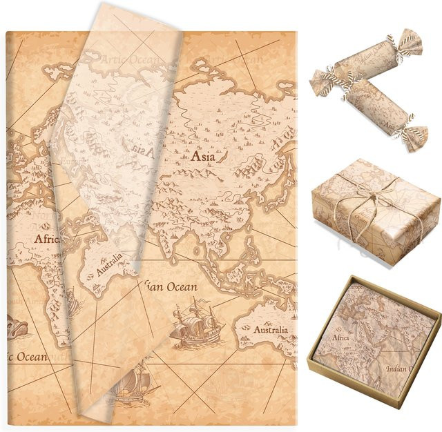 Weltkarten Seidenpapier in Beige für DIY Geschenkverpackungen und Partydekoration - Bild 1