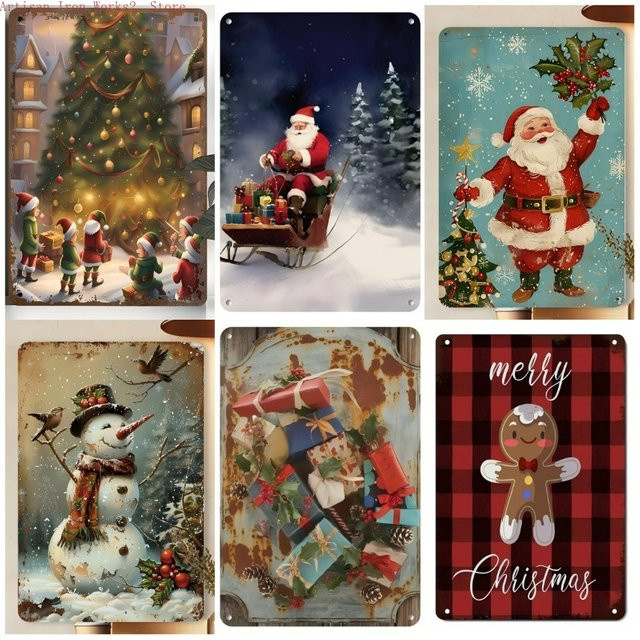 6er-Set Vintage Weihnachtsmann Metallblechschilder von Potdemiel, rustikale Retro Wandkunst aus Eisen mit Weihnachtszitaten, mehrfarbig, rechteckig - Bild 1