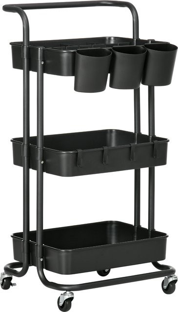 HOMCOM Rollwagen mit 3 Ebenen in Schwarz, Servierwagen mit 4 Haken und 3 herausnehmbaren Aufbewahrungsboxen für Badezimmer, Küche oder Büro, B: 42 cm, T: 38 cm - Bild 1