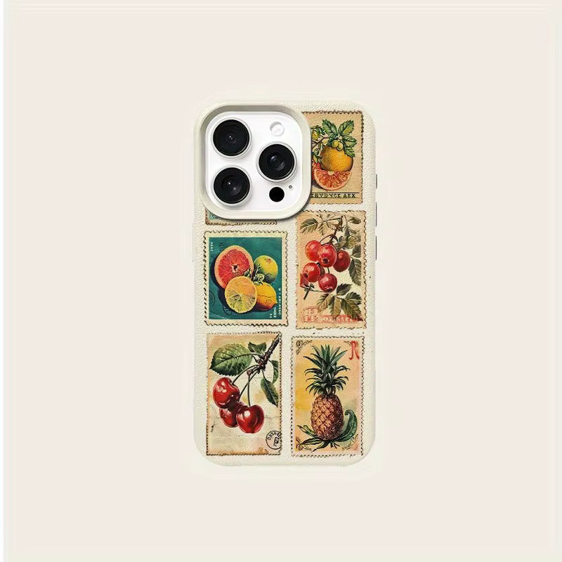 Apple iPhone Handyhülle mit Retro-Litschi-Fruchtstempel-Puzzle-Muster in Beige und Multicolour für iPhone 17, 16, 15 Pro, Max und Plus - Bild 5