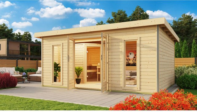 Karibu Saunahaus Magnus 4 Set in Natur Brown aus nordischer Fichte mit 9 kW Bio Ofen und externer Steuerung - Bild 1