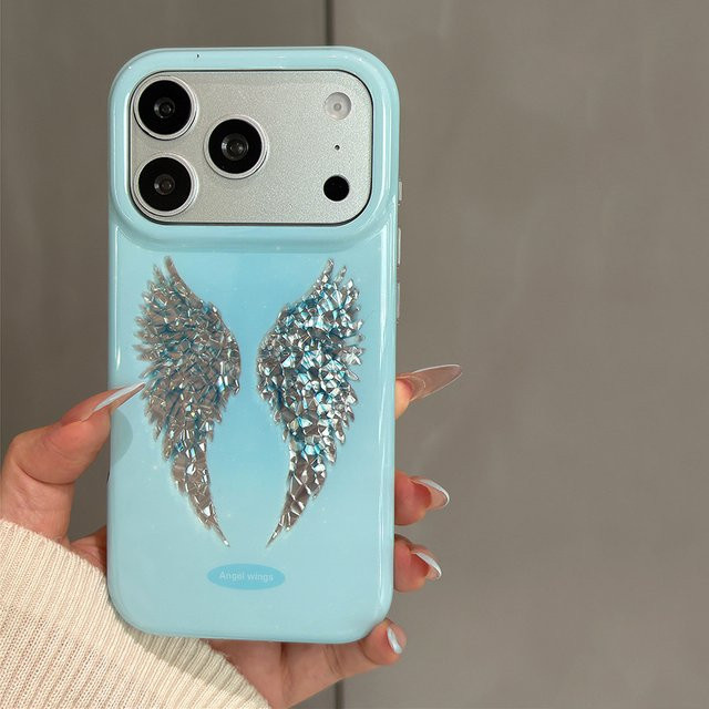 KASONPAI Stoßfeste Handyhülle mit Laser-Silber-Flügel Design für iPhone 17 Pro Max, 16 und 15 aus glänzender IMD TPU Rückseite in Silber und Blau - Bild 1