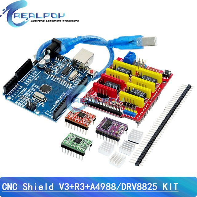 REALPOY CNC Shield V3 Erweiterungsplatine für Arduino UNO R3 inklusive 4 Treibererweiterungen und USB-Kabel in Grün - Bild 1