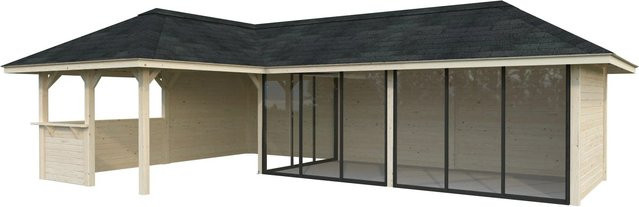 PALMAKO Pavillon Bianca Set 220 Slide aus Fichtenholz in Braun mit Alu-Schiebetüren und Eck-Tresenanlage, B/H/T: 876 x 319 x 588 cm - Bild 2