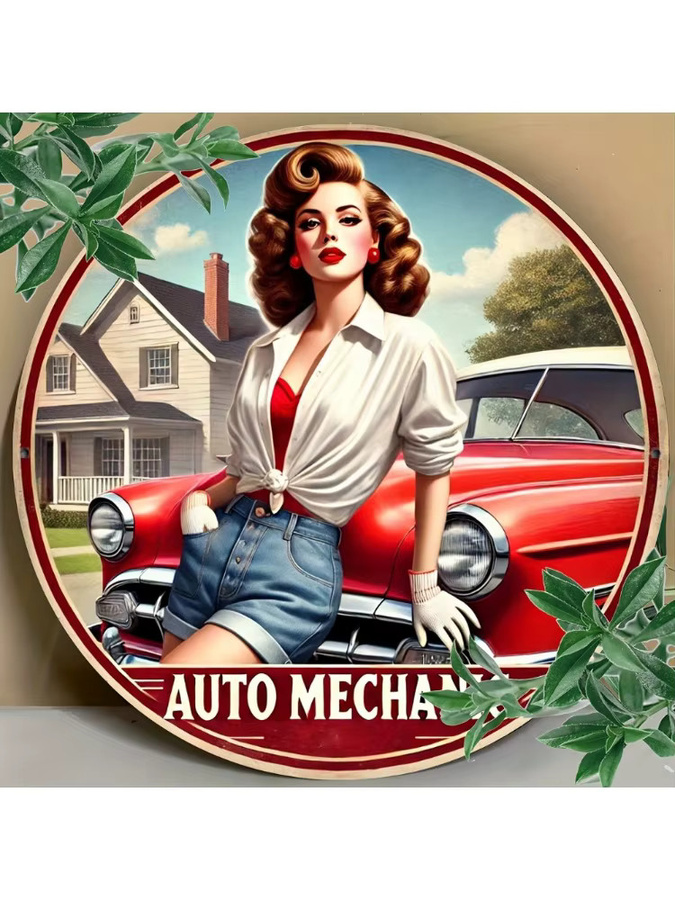 HELLOYOUNG Retro-Automechaniker Aluminiumschild Rund, Metall-Dekor-Poster in Multicolour, Durchmesser: 20 cm - Bild 5