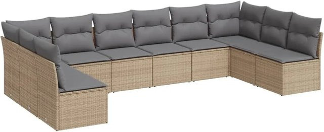 vidaXL 10-tlg Garten-Sofagarnitur in L-Form aus Poly-Rattan und pulverbeschichtetem Stahl mit Kissen in Beige - Bild 1