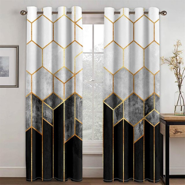 2er-Set semi-transparente Fenstervorhänge mit 3D-Illusion und psychedelischem Geometrie-Design in Schwarz von Your Warm Home, Höhe: 160 cm, Breite: 132 cm - Bild 1