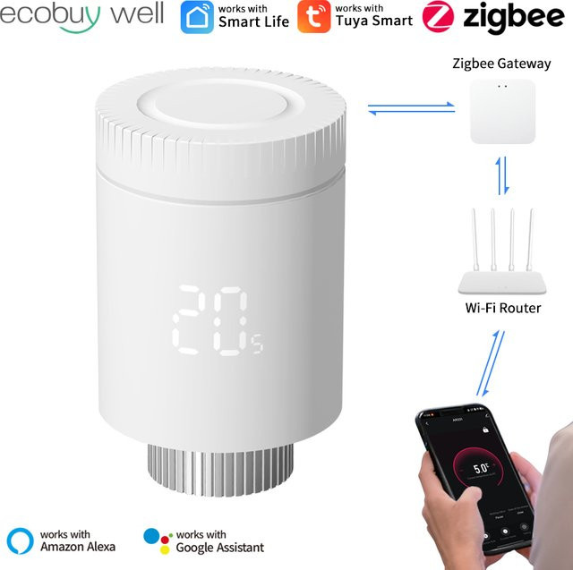 Tuya Smart Home Zigbee Thermostatventil mit App-Steuerung und Temperaturregler, kompatibel mit Google Home und Alexa, Weiß - Bild 1