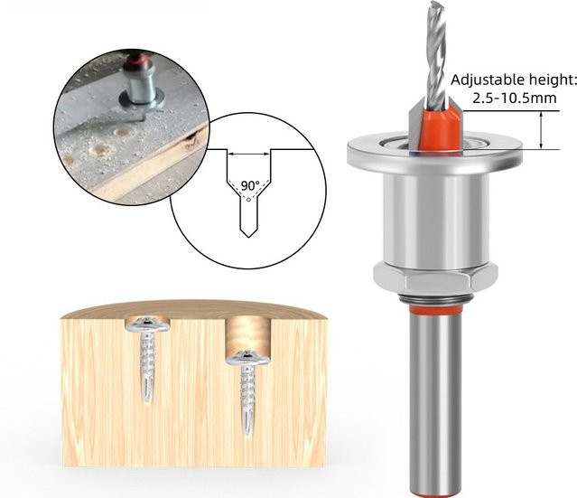 ALLSOME Bohrer-Set mit rundem Schaft und verstellbarem Senker, 8/10 mm, silberfarben, inklusive 2,8–4 mm Kegelbohrer und Begrenzungsanschlag - Bild 1