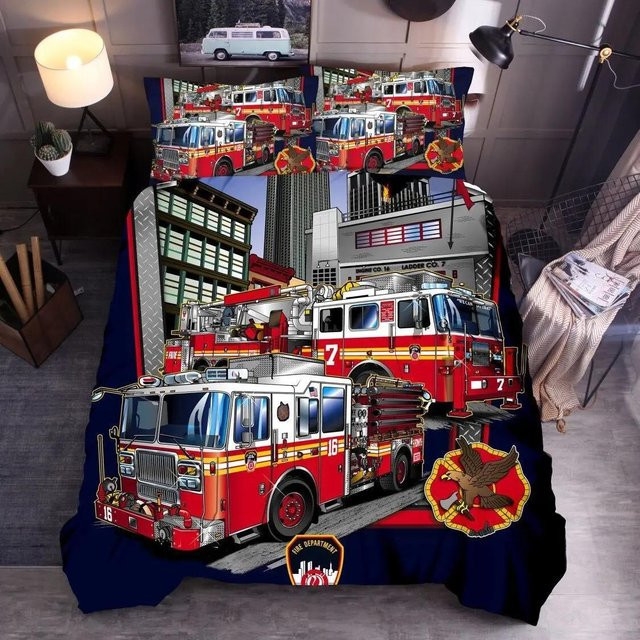 Bettwäscheset mit Feuerwehrauto Motiv in Rot von Binchi Outdoor Product für Kinder und Erwachsene, bestehend aus Bettbezug und Kissenbezug, Breite: 140 cm, Länge: 210 cm - Bild 1