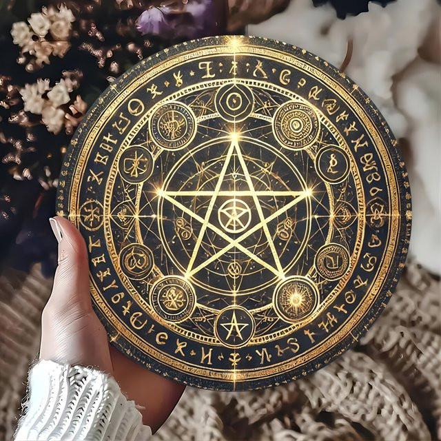 Potdemiel Vintage Pentagramm Aluminiumschild in Gold und Schwarz, runder Wandbehang mit geometrischen Symbolen, Durchmesser: 20 cm - Bild 1