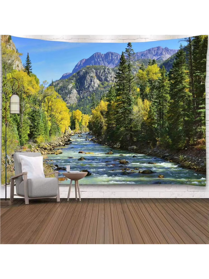VIKAMA Wandteppich mit Bergwaldmotiv und Wasserfall-Landschaft in Multicolour - Bild 3