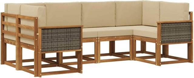 vidaXL Outdoor-Sofagarnitur aus Massivholz Akazie in Natur und Beige, 6-teiliges L-Shape Gartenmöbel-Set mit Polstern - Bild 1