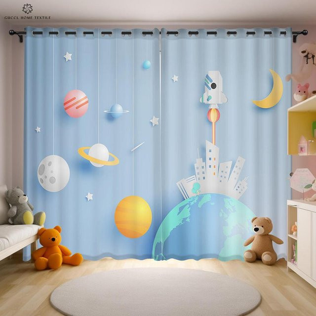 Yiran Furniture Astronauten-Druckvorhang mit Cartoon-Motiv in Blau, 2er-Set, B: 50 cm, H: 130 cm - Bild 1