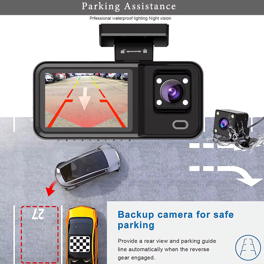 OLESED 3-Kanal Dashcam mit Wifi und Full HD 1080P, Dual-Linse Video Recorder für 24H Parküberwachung, Schwarz - Bild 2