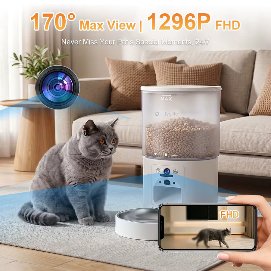 Videolife Smart Cat Feeder in Weiß mit FHD-Kamera, Dual-Band-WLAN und App-Steuerung zur Fernfütterung und zeitgesteuerten Portionskontrolle - Bild 5