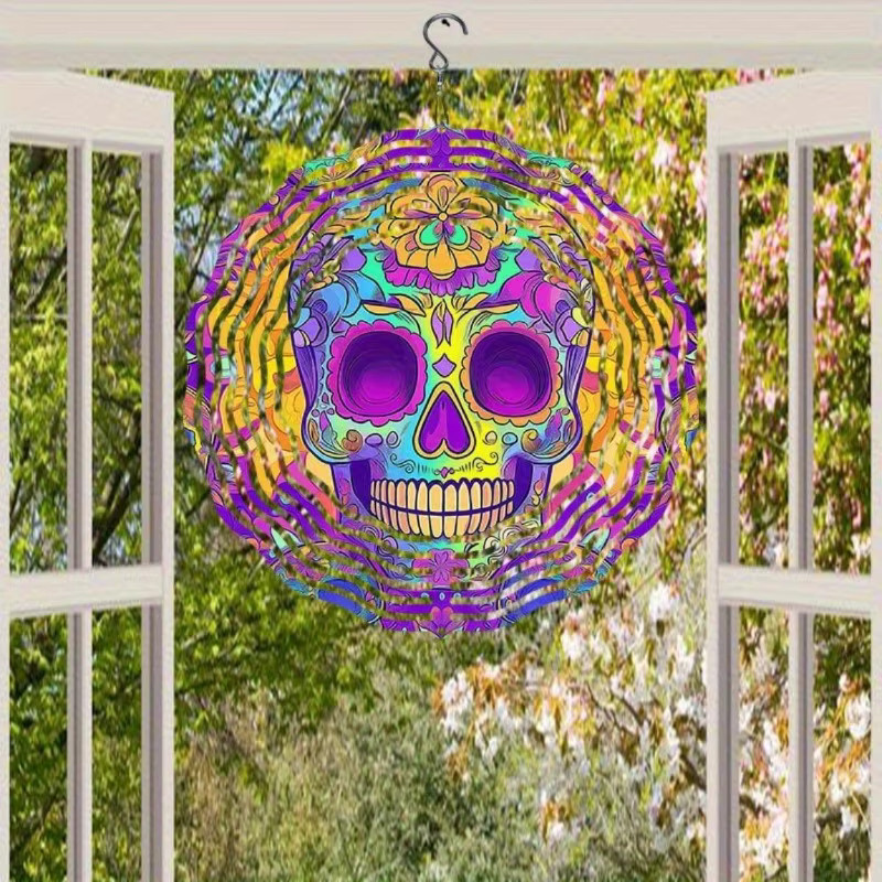 CIFBUY Hypnotic Skull Windspiel aus Metall in Lila gestreift für Halloween und Garten-Deko - Bild 2