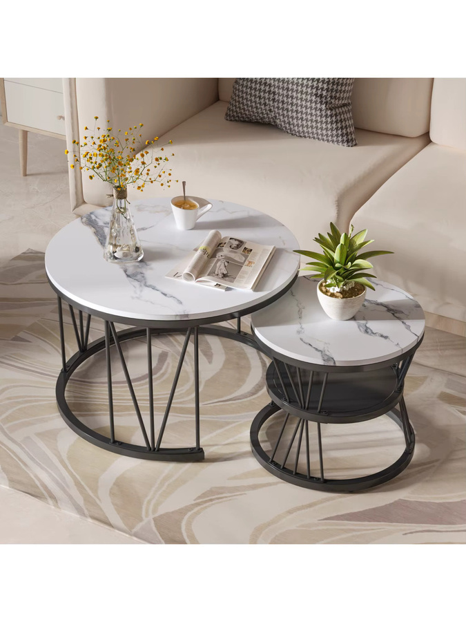 Anajqaqia 2-teiliges Couchtisch-Set mit rundem Couchtisch und Beistelltisch in Nesting-Optik, goldener Metallrahmen und offener Ablage für dein Wohnzimmer - Bild 6
