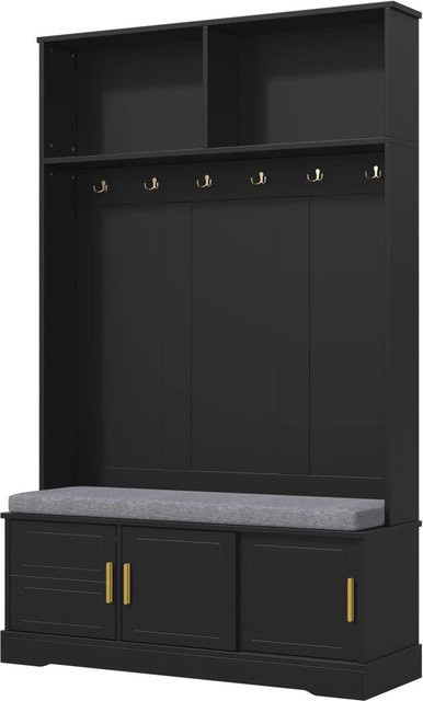 okwish Garderobenständer mit Schuhbank und 6 Dreifach-Haken in Schwarz, B/T/H: 120 x 40 x 191 cm - Bild 1