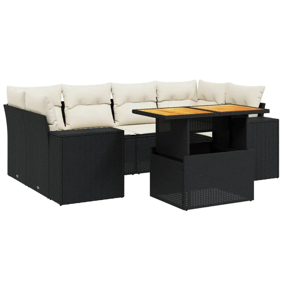 vidaXL 7-teilige Garten-Sofagarnitur in L-Form aus Poly-Rattan und Akazienholz mit Kissen in Schwarz und Cremeweiß - Bild 2