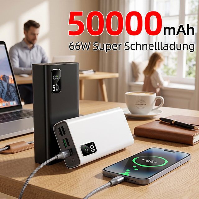 Hinne Hochleistungs-Powerbank mit 50000mAh und 66W Schnellladung, Tragbares Ladegerät mit LED-Digitalanzeige für iOS und Android, verfügbar in Schwarz oder Weiß - Bild 1