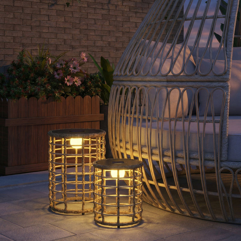Outsunny Solar Stehlampe 2er Set im Boho-Stil aus PE-Rattan, LED Solarlampen mit Lichtsensor, IP44 wasserdicht, Farbe: Beige/Braun - Bild 2