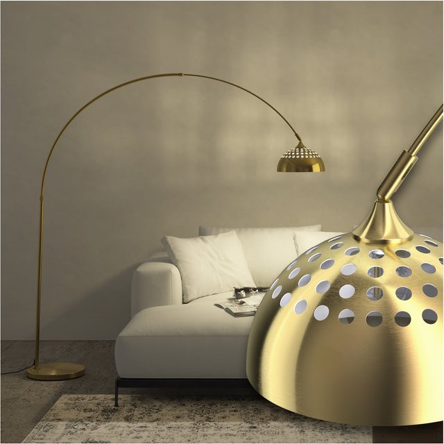 tectake Bogenleuchte Arcus im 70er Jahre Retro-Stil in Gold, höhenverstellbar mit schwenkbarem Lampenschirm und Fußschalter, B/T/H: 175 x 34,5 x 206 cm - Bild 1