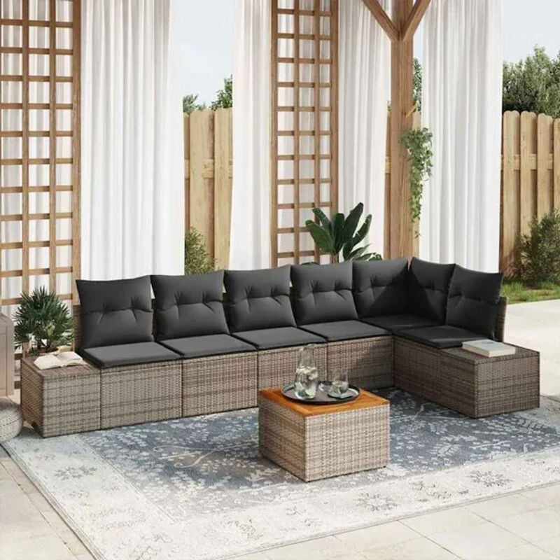 vidaXL Garten-Sofa-Set aus 7 Teilen in Grau, modernes Polyrattan-Loungemöbel-Set mit Akazienholz und Stahl - Bild 1