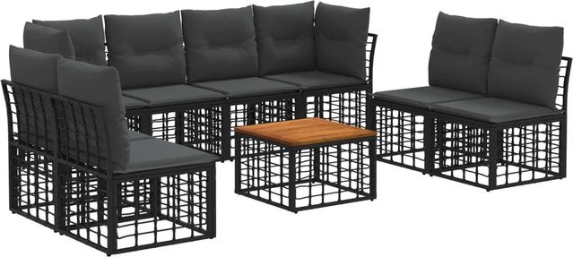 vidaXL Outdoor-Sofagarnitur aus Polyrattan mit 9 Teilen in Schwarz und Grau inklusive Kissen und Couchtisch - Bild 1