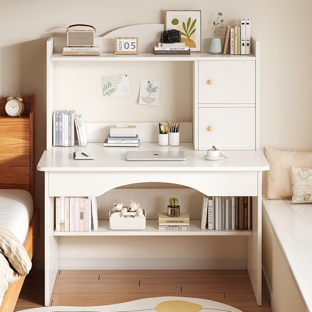 LIUSHADUOLA Schreibtisch mit integriertem Bücherregal in Weiß, moderner Computertisch für Home-Office und Schlafzimmer aus MDF-Laminat - Bild 1