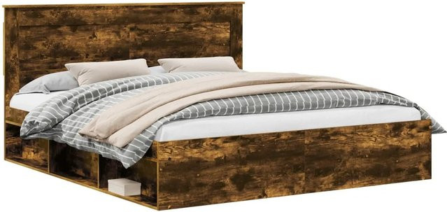 vidaXL Bettrahmen aus massivem Kiefernholz in Räuchereiche, Farbe: Braun, B/T/H: 200 x 203 x 100 cm - Bild 1